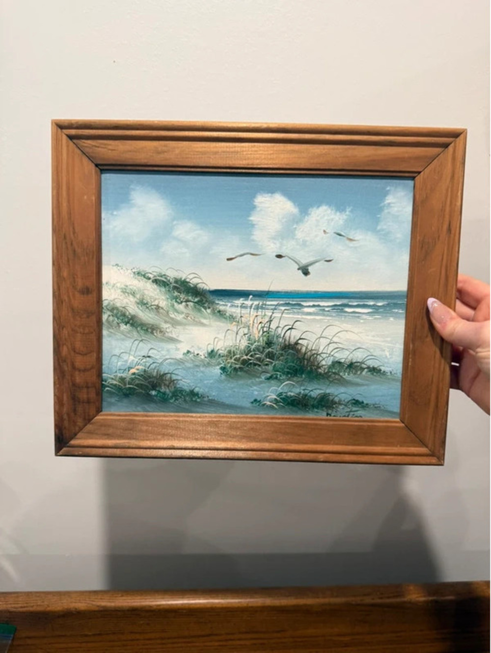 Vintage Coastal Beach Dunes Seagull Ocean Painting Framed